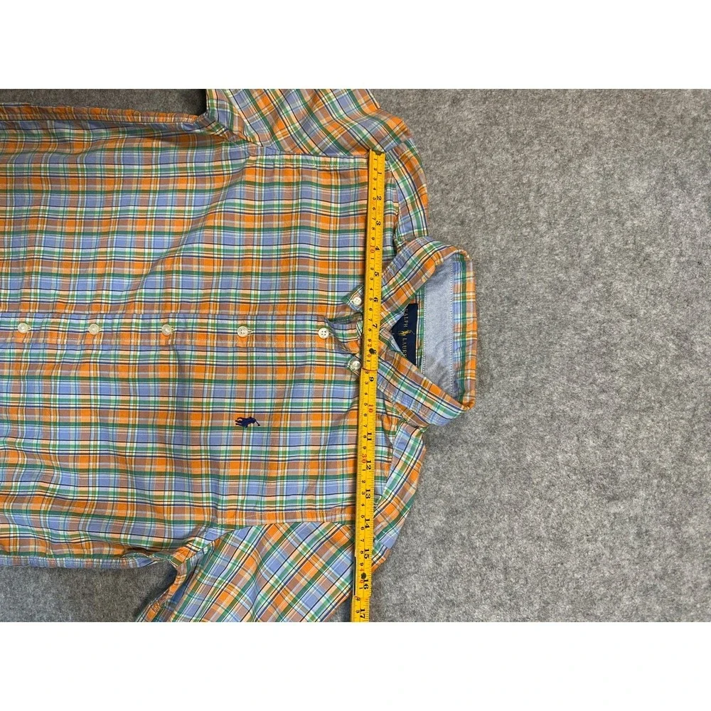 Ralph‎ Lauren Plaid Button Down Shirt Boys L 14-16 Orange Blue Green Cotton Pony